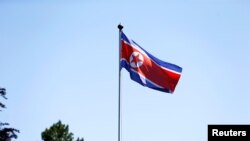 在瑞士日内瓦飘扬的朝鲜国旗(资料照片)