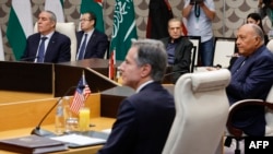 2023年11月4日,在约旦首都安曼,美国国务卿安东尼·布林肯(中)参加了与阿拉伯外交部长的会议,会议讨论了以色列和巴勒斯坦伊斯兰组织哈马斯之间持续不断的冲突。(法新社)