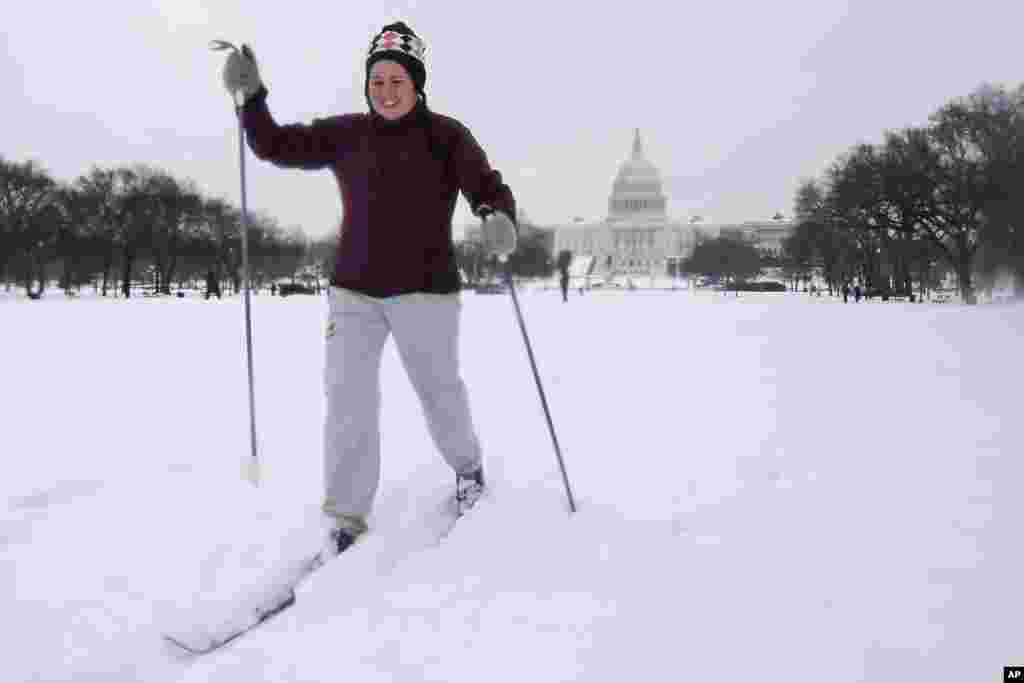 Julia Rea cross-country skis on the National Mall in Washington, D.C., Feb. 13, 2014.