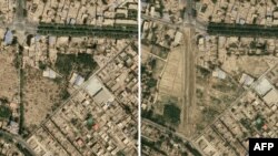 法新社2019年9月30日公布的卫星照片,显示新疆和田一处维族墓园 2018年4月和8月的对比变化。