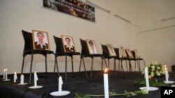 Ảnh của 7 nhân viên phi hành thiệt mạng được trưng bày tại hiệp hội phi công Ethiopian airline ở Addis Ababa, Ethiopia, ngày 11/3/2019.