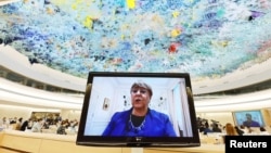 联合国人权事务高级专员巴切莱特在瑞士日内瓦就乌克兰局势发表讲话(2022年5月12日)