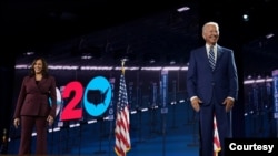 美国民主党总统和副总统候选人2020年8月19日出席民主党全国代表大会(民主党全代会视频截图)