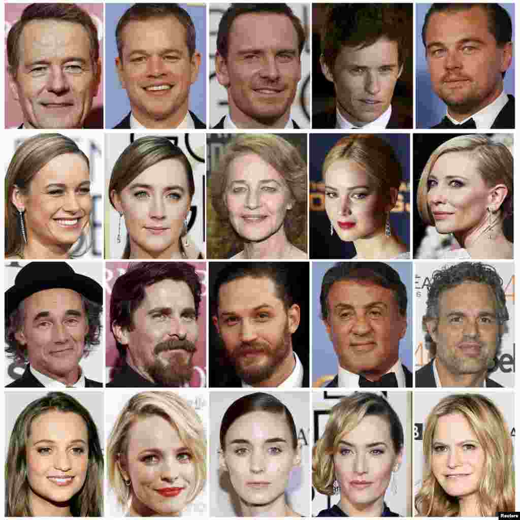 2016年荣获奥斯卡提名的演员。从上到下,依次为最佳男主角,最佳女主角,最佳男配角,最佳女配角。第二排右起第二人为詹妮弗·劳伦斯。第一排左起第二人为本图片集下面要提到的迈特·戴蒙。右上角为本图集封面上的“小李”