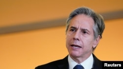 2022年2月1日,美国国务卿布林肯在国务院发表讲话。