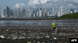 Seorang pria mengumpulkan sampah, termasuk sampah plastik, di pantai Costa del Este, Panama City, 19 April 2021. (Luis ACOSTA / AFP)
