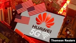 图为美国国旗及华为和5G标识。(资料图片)