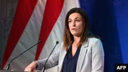 匈牙利司法部长瓦尔加就欧盟法院作出的裁决在布达佩斯举行记者会。(2022年2月16日)