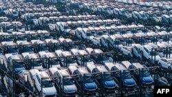 资料照:中国江苏省苏州市太仓港的国际集装箱码头堆放着等待装船出口的比亚迪电动车。(2024年2月8日)