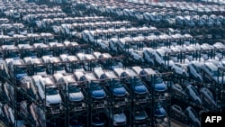 资料照:2024年2月8日,在中国东部江苏省苏州市太仓港的国际集装箱码头,堆放着等待装船的比亚迪电动车。(法新社)