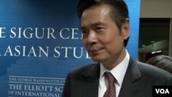 金溥聪在乔治•华盛顿大学发表演讲。(美国之音 甄小莺拍摄)