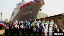 台湾总统蔡英文出席台湾第一艘万吨级两栖船坞登陆舰下水和命名典礼。(2021年4月13日)