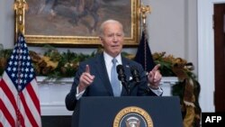 Presiden AS Joe Biden memberikan pernyataan tentang situasi di Suriah di Gedung Putih di Washington, DC, Minggu 8 Desember 2024. 