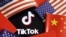 在中国和美国旗帜中的TikTok标识