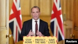 图为英国外相拉布在记者会上讲话。(2020年5月5日)