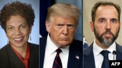 这张合成的资料照片从左到右依次为联邦地区法院法官查特坎、前美国总统特朗普和特别检察官史密斯。