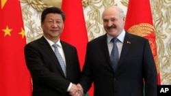 资料照- 2015年5月10日,白俄罗斯总统亚历山大·卢卡申科(Aleksandr Lukashenko)和中国国家主席习近平在明斯克举行会谈后握手。此次习近平对白俄罗斯的三天访问中双方签署了价值数十亿美元的合同。