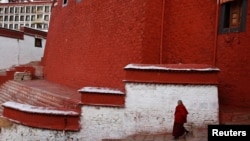 资料照:中国西藏自治区拉萨市甘丹寺的一名僧人走下台阶。(2014年3月19日)