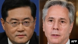 美国国务卿与中国外长秦刚。(法新社)