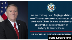 Tuyên bố về Biển Đông của Ngoại Trưởng Hoa Kỳ Mike Pompeo hôm 13/07/2020. Photo US Department of State.