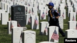 一名美国童子军走过纽约市布鲁克林的一处安葬阵亡将士的国家公墓 (2015年5月23日)
