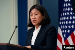 美国贸易代表戴琪大使在白宫举行的记者会上。(2024年5月14日)