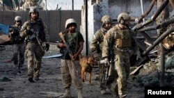 NATO and Afghan troops arrive at the site of a suicide attack in Jalalabad March 26, 2013. Taliban suicide bombers killed at least five policemen in Afghanistan's restive east on Tuesday, officials said, in a three-hour attack that coincided with a visit
