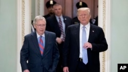 参议院多数党领袖麦康奈尔陪同总统川普抵达国会山参加共和党政策午餐。(2018年5月15日)