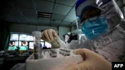 中国一名医护人员拿着新冠病毒感染者的样本准备进行核酸检测。资料照:2020年3月10日。