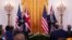 Britain's Prime Minister Keir Starmer, left, and U.S. President Donald Trump speak during a joint press conference in the East Room at the White House, Feb. 27, 2025, in Washington. 