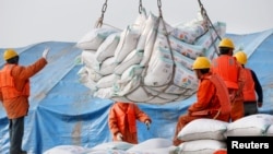 2018年3月22日,中国江苏省南通港口工人装卸进口的大豆产品。