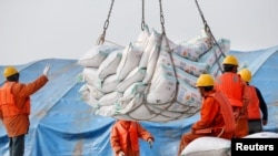 2018年3月22日,中国江苏省南通港口工人装卸进口的大豆产品。