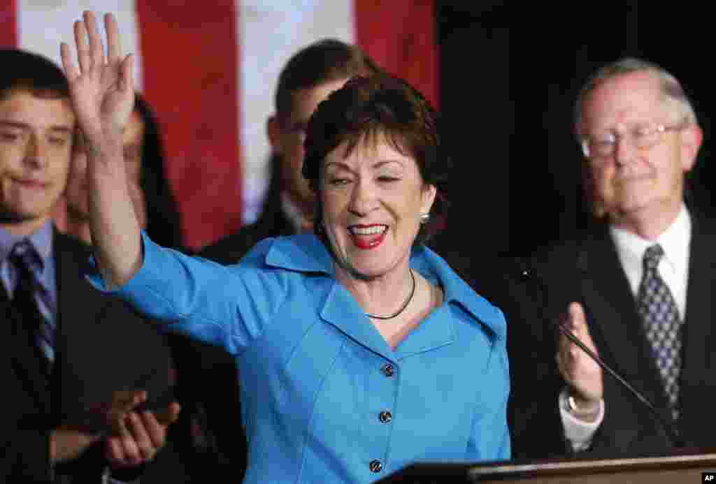Thượng nghị sĩ đương nhiệm Susan Collins của đảng Cộng hòa ăn mừng chiến thắng sau khi tái đắc cử tại Portland, Maine, ngày 4/11/2014.