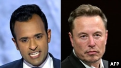 这幅于 2024 年 11 月 12 日拍摄的图片组合显示了美国企业家维维克·拉马斯瓦米（左）和 SpaceX、和电动汽车制造商特斯拉首席执行官埃隆·马斯克。他们将领导新的政府效率部。