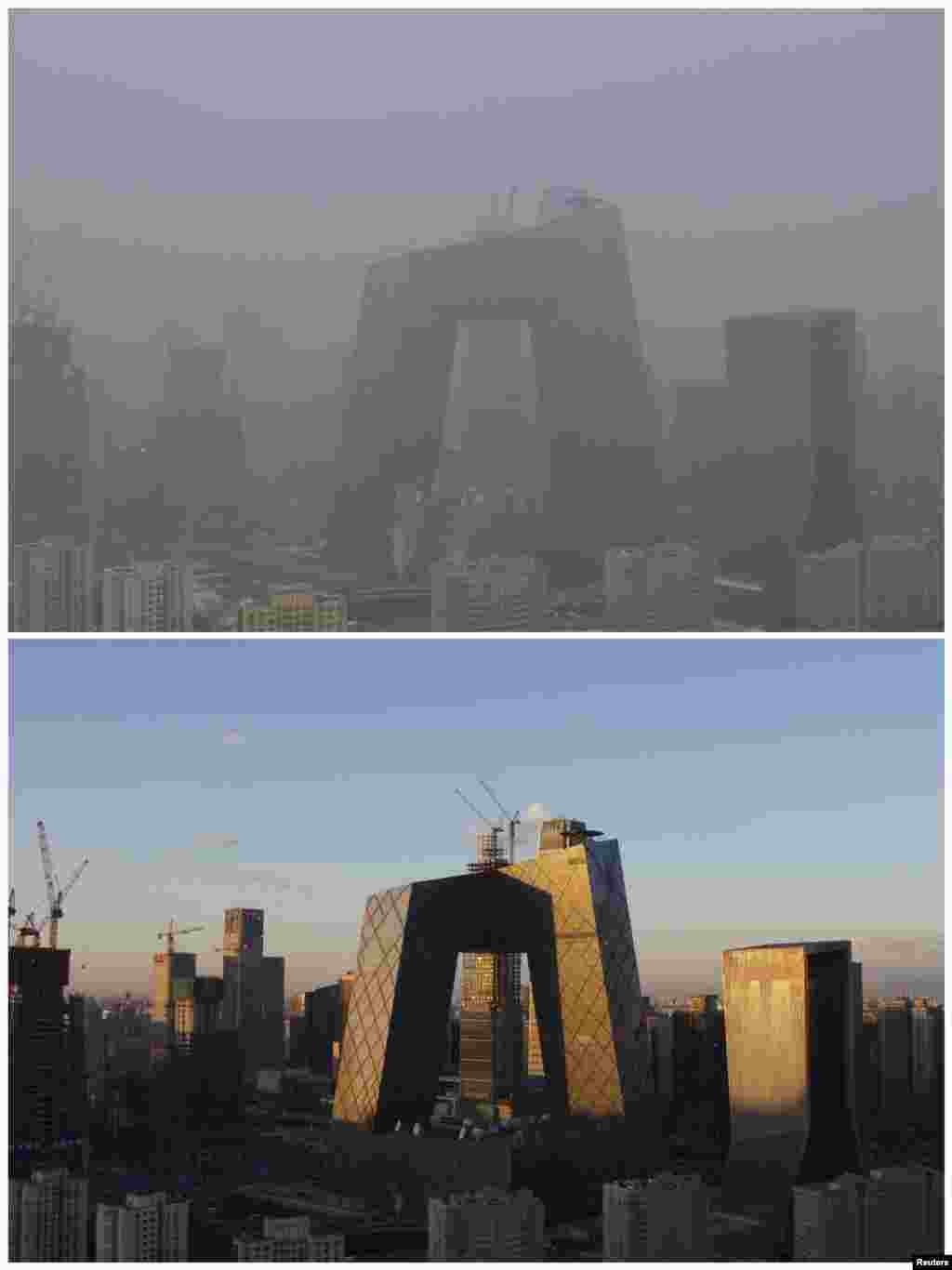 北京中央电视台大楼和北京中央商务区对比图,上图有雾霾(2015年11月28日),下图为冷空气赶走雾霾后(2015年12月2日))
