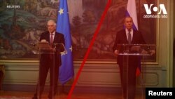Ngoại trưởng Nga Sergei Lavrov và người đứng đầu chính sách đối ngoại EU, Josep Borrell, tại một cuộc họp báo sau cuộc đàm phán ở Moscow, ngày 5/2/2021. Russian Foreign Ministry/Handout via REUTERS