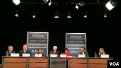 美国智库亚洲协会等星期二发布《美国对华政策:向新政府建言》的报告。图文报告的部分撰稿人(从左至右)前驻华大使温斯顿·洛德 、前负责东亚和太平洋事务的前助理国务卿坎贝尔、美国前贸易代表巴尔舍夫斯基、亚洲协会主席美中关系中心主任夏伟、加州大学圣地亚哥全球政策和战略学院,21世纪中国研究中心学术主任谢淑丽、前白宫国安会亚洲事务资深主任麦艾文、美国进步研究中心中国能源与气候政策研究主任梅兰妮·哈特