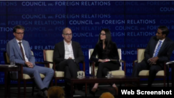战略与国际研究中心(CSIS)技术政策项目高级研究员萨姆·萨克斯(Samm Sacks,右二)2018年10月23日在华盛顿参加外交关系协会的一场讨论会(网络截屏)