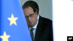 法国总统奥朗德在巴黎的爱丽舍宫安全会议后,从玻璃门向外看(2015年11月14日)