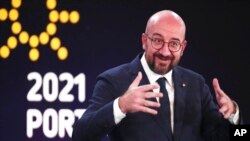 European Council President Charles Michel speaks during a media conference at an EU summit in Porto, Portugal, May 8, 2021.