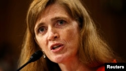 Bà Samantha Power, một cựu phụ tá Tòa Bạch Ốc và một giáo sư tại đại học Harvard, tại phiên điều trần trước Quốc hội, 17/7/2013. REUTERS/Kevin Lamarque