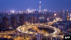 2018年2月14日,在农历新年前夕,夜色中灯光下的上海市天际线和南浦大桥。(资料照片)