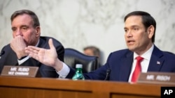 资料照片:美国国会参议院情报委员会主席马克·沃纳(左)和副主席马可·鲁比奥(右)2023年3月8日在该委员会讨论全球威胁的听证会上发言。(美联社)