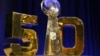 The Vince Lombardi Trophy with the Super Bowl 50 logo is displayed prior to a press conference at Moscone Center in advance of Super Bowl 50, Santa Clara, California, Feb. 5, 2016. (Matthew Emmons-USA TODAY Sports)