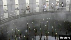 资料照片:“白色恐怖”受难者亲属在台北举行的一次纪念解除戒严22周年的仪式期间手持百合花走过一个布满百合花的水池。(2009年7月15日)