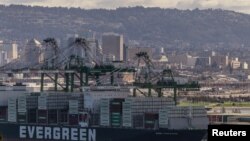 一艘满载货柜的长荣海运货船停泊在美国加州奥克兰港。(路透社：2025年3月7日)