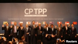 跨太平洋11国代表2018年3月8日签署TPP后合影(路透社)