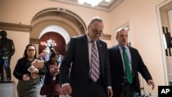 参议院少数党领袖舒默和少数党党鞭德宾走在国会大厦内。(2018年1月11日)