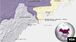 资料图 - 显示中国、朝鲜和俄罗斯三国交界处(图中央红点)和边界线。其中俄罗斯(黄色部分)与朝鲜(灰白色部分)约有18公里长的边界线。中国(紫色部分)与朝鲜之间的边界约1400公里长。