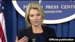 美国国务院发言人希瑟·诺尔特(Heather Nauert)在记者会上(2018年1月6日)